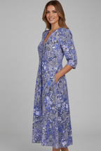 V-Neck Midi Dress with Three-Quarter Sleeves and All-Over Print