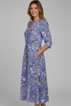 V-Neck Midi Dress with Three-Quarter Sleeves and All-Over Print