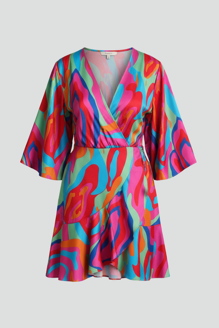 Batwing Sleeve Mini Dress with V-Neck and Adjustable Waist Tie