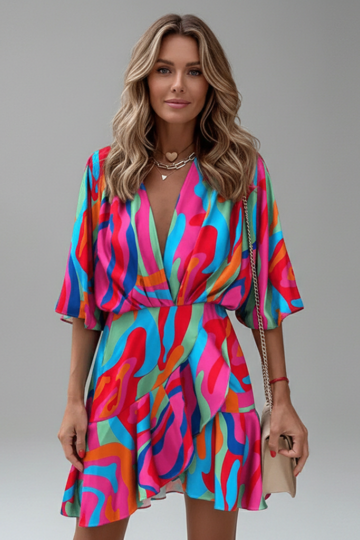 Women's V-Neck Mini Dress with Batwing Sleeves and Adjustable Waist Tie