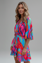 Batwing Sleeve Mini Dress with V-Neck and Adjustable Waist Tie