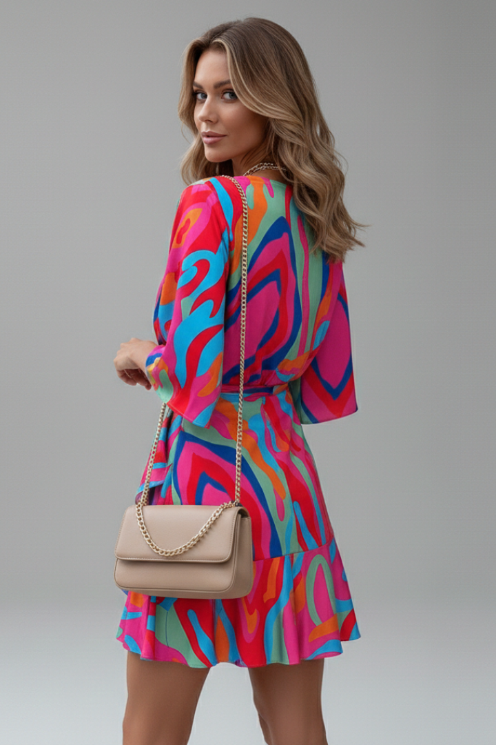 Batwing Sleeve Mini Dress with V-Neck and Adjustable Waist Tie