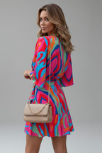 Batwing Sleeve Mini Dress with V-Neck and Adjustable Waist Tie