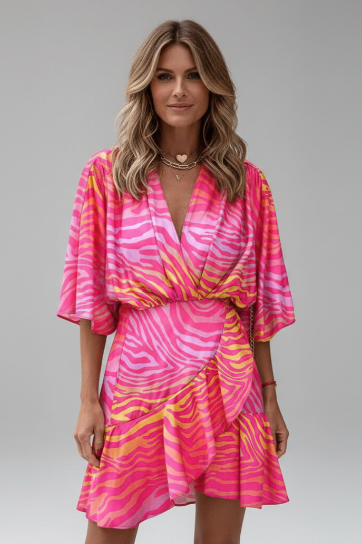 Women's V-Neck Mini Dress with Batwing Sleeves and Adjustable Waist Tie