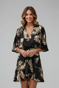 Batwing Sleeve Mini Dress with V-Neck and Adjustable Waist Tie