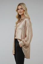 Women's Shimmering Oversized Blouse with Long Sleeves and Structured Fit