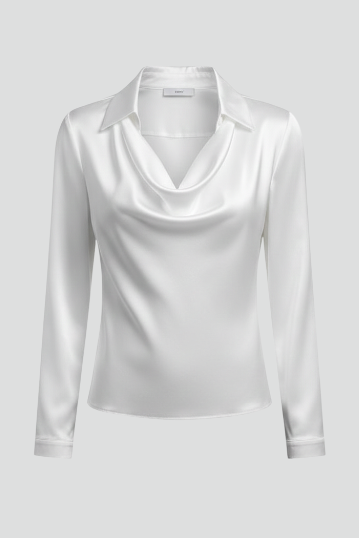 Satin Blouse with Draped Collar and Long Sleeves for Women