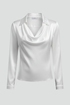 Satin Blouse with Draped Collar and Long Sleeves for Women