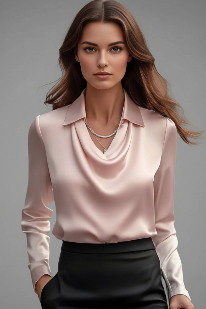 Satin Blouse with Draped Collar and Long Sleeves for Women