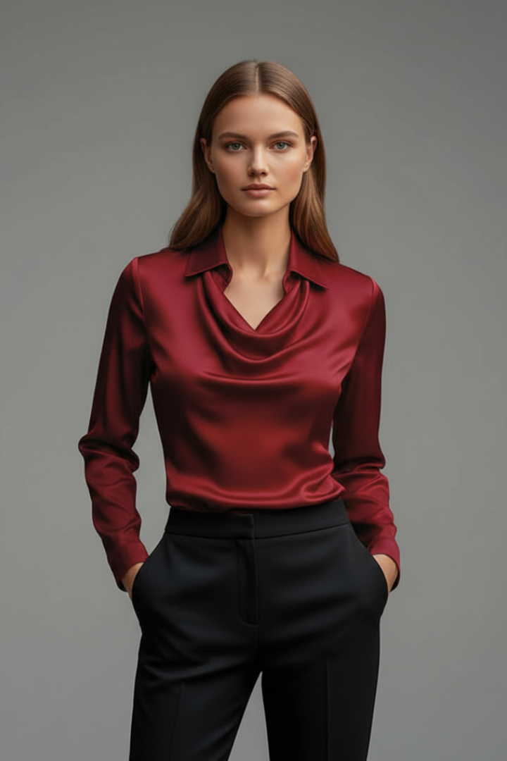 Satin Blouse with Draped Collar and Long Sleeves for Women