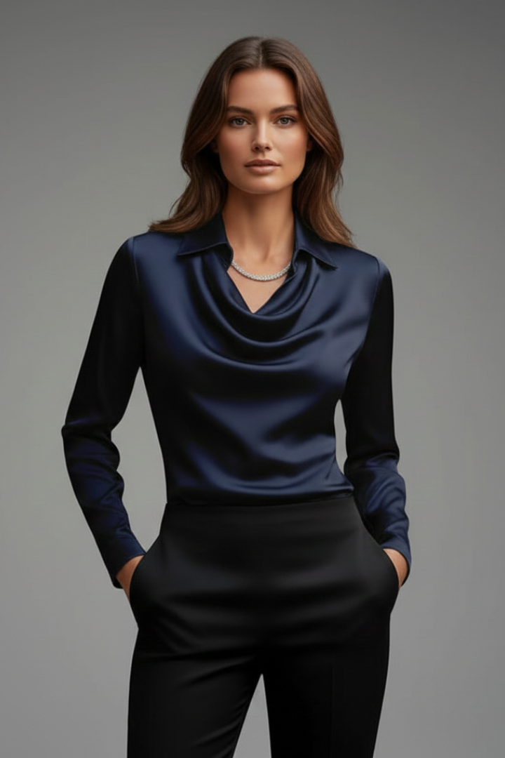 Satin Blouse with Draped Collar and Long Sleeves for Women