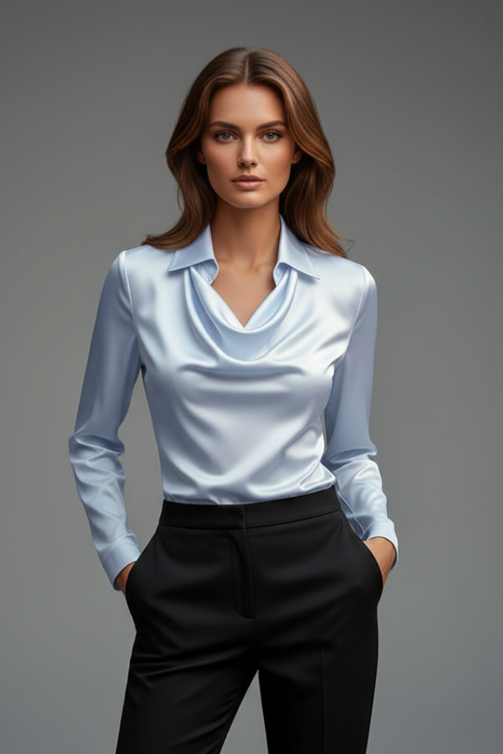 Satin Blouse with Draped Collar and Long Sleeves for Women