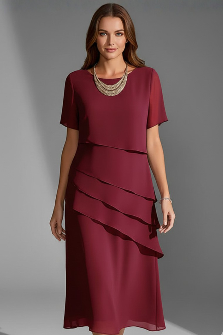 Women's Layered Front Panel Short Sleeve Dress with Straight Hem
