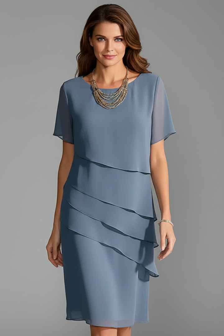Women's Layered Front Panel Short Sleeve Dress with Straight Hem