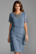 Women's Layered Front Panel Short Sleeve Dress with Straight Hem