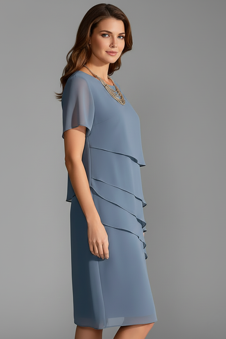 Women's Layered Front Panel Short Sleeve Dress with Straight Hem