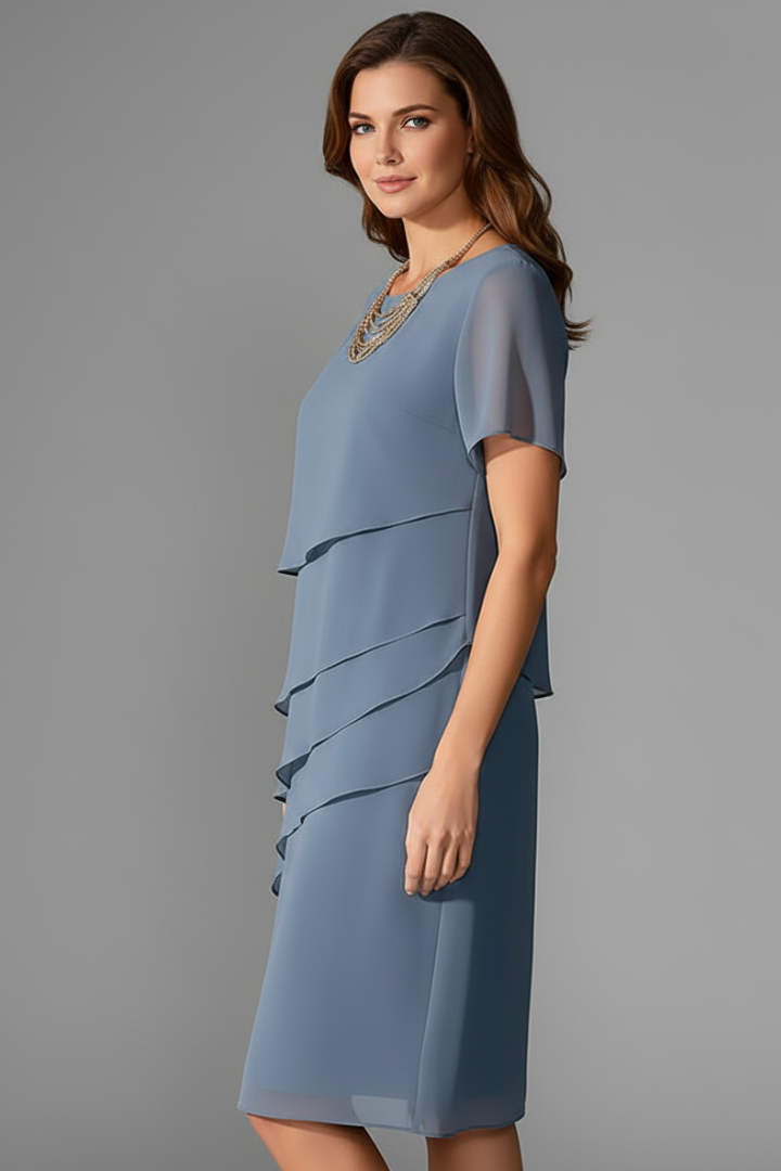 Women's Layered Front Panel Short Sleeve Dress with Straight Hem