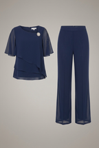 Women’s Layered Top and Straight Leg Trouser Set with Pull-On Design