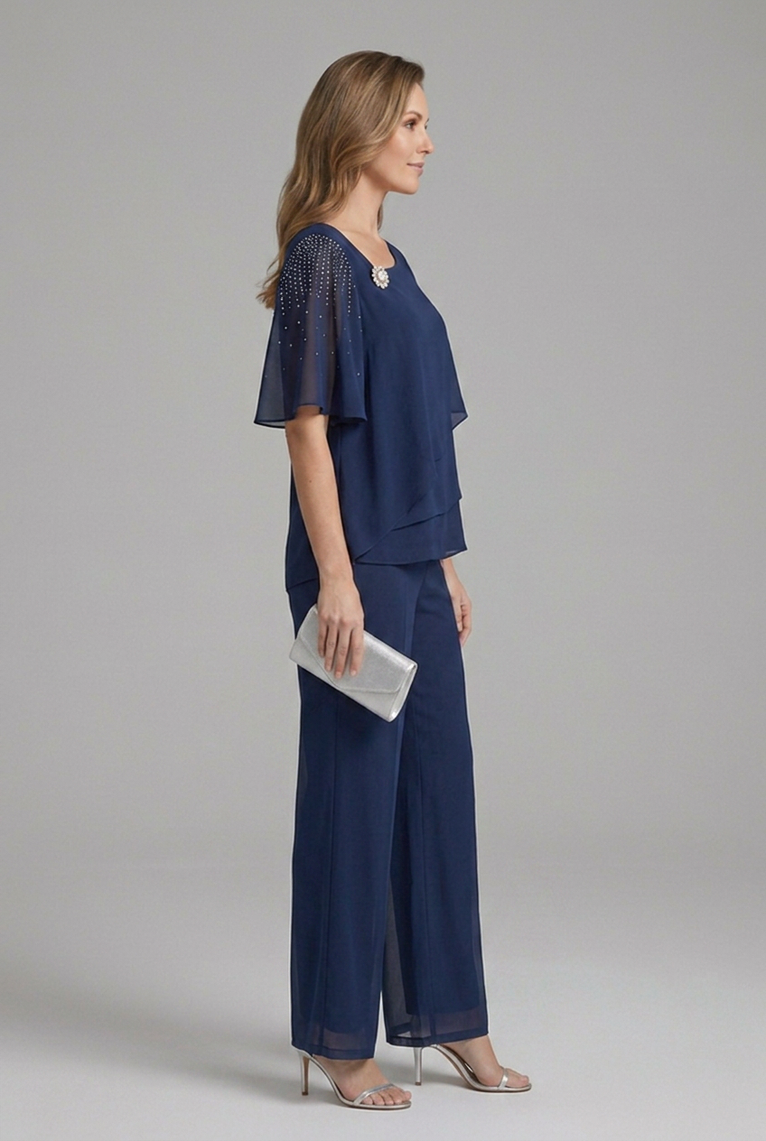 Layered Top and Straight Leg Trousers Two-Piece Women’s Set