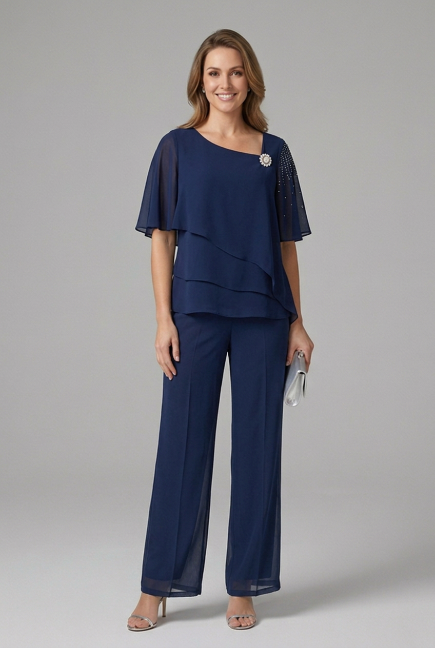 Women’s Layered Top and Straight Leg Trouser Set with Pull-On Design