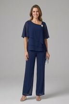 Women’s Layered Top and Straight Leg Trouser Set with Pull-On Design