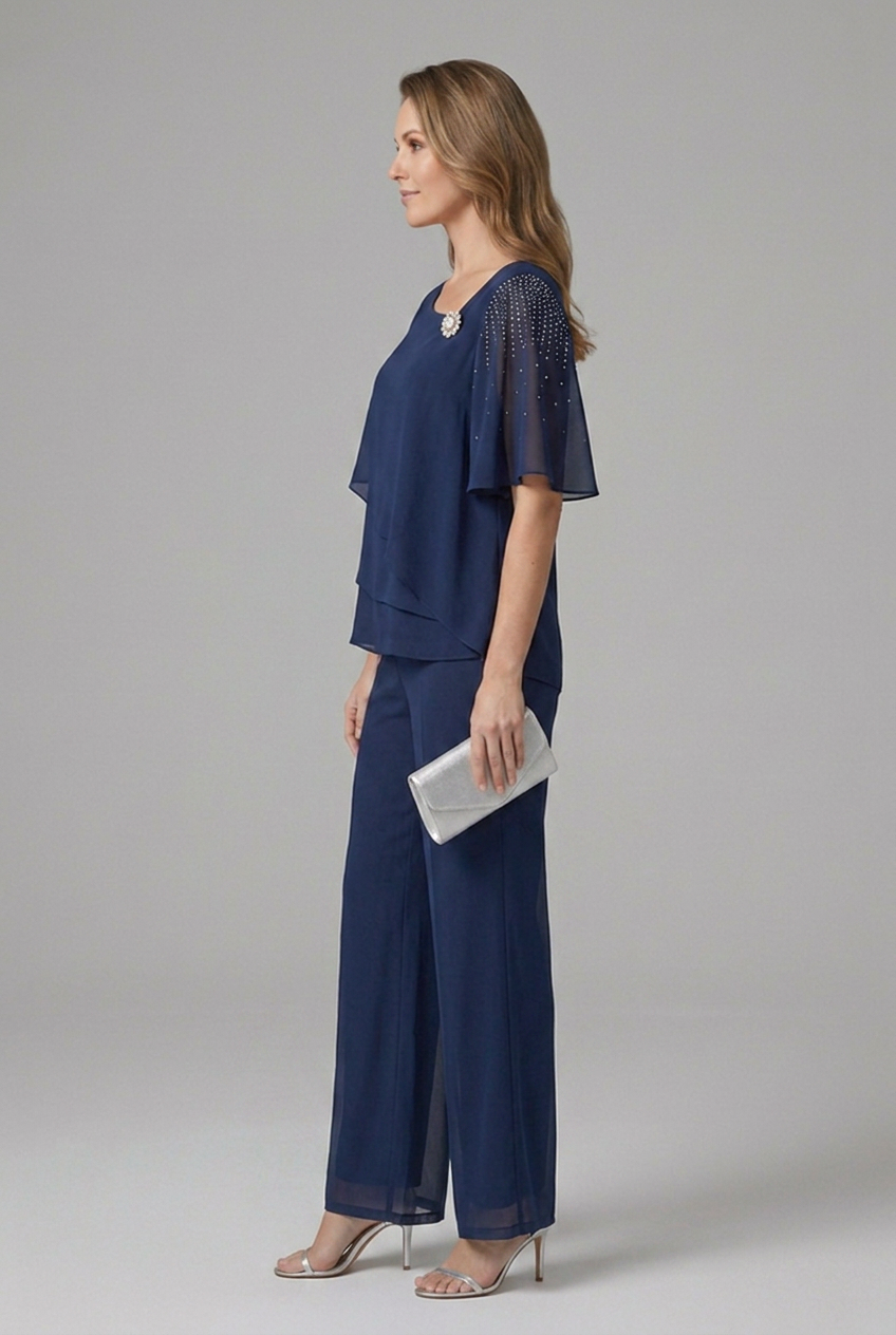 Women’s Layered Top and Straight Leg Trouser Set with Pull-On Design