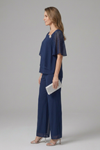 Women’s Layered Top and Straight Leg Trouser Set with Pull-On Design