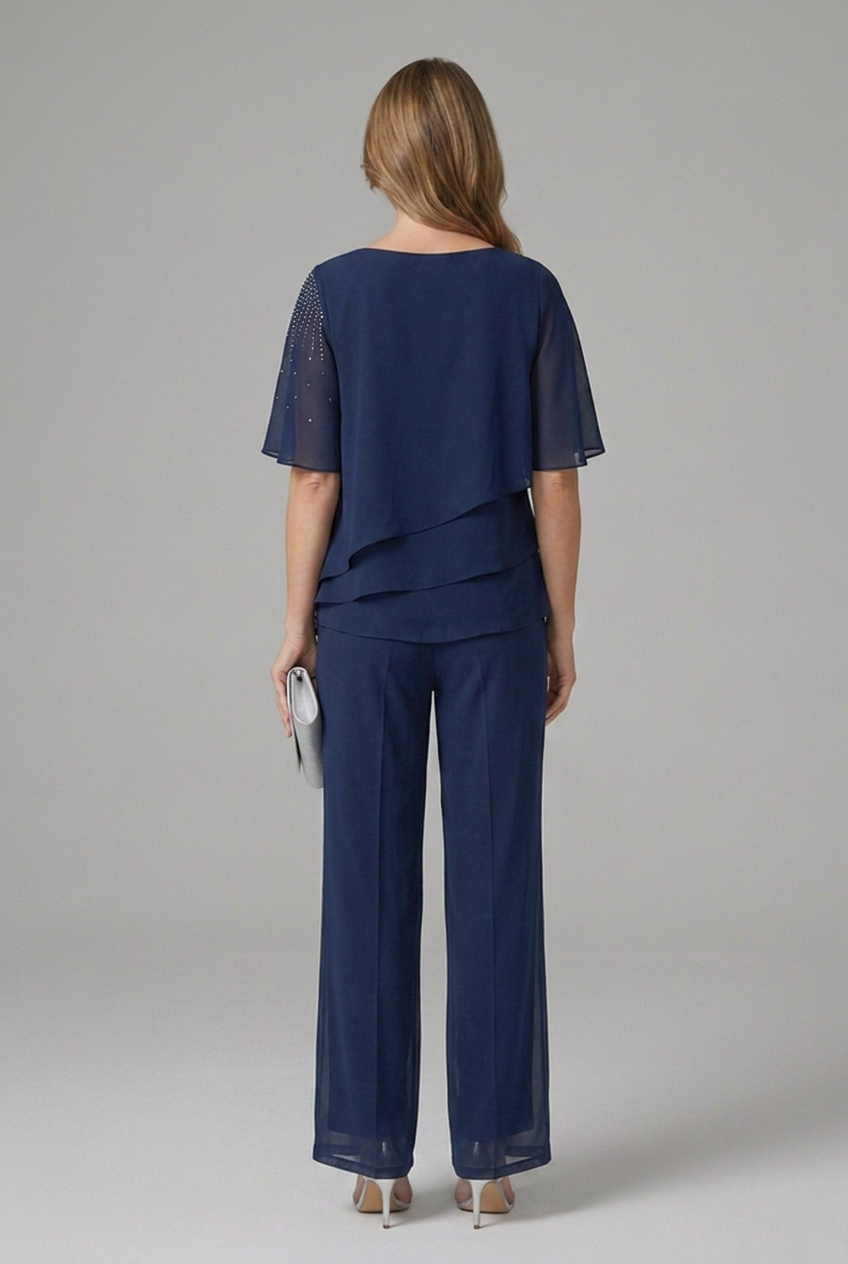 Layered Top and Straight Leg Trousers Two-Piece Women’s Set