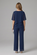 Layered Top and Straight Leg Trousers Two-Piece Women’s Set