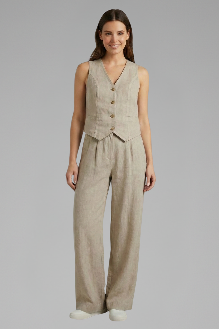 V-Neck Sleeveless Waistcoat and Wide-Leg Trousers Women's Two-Piece Set