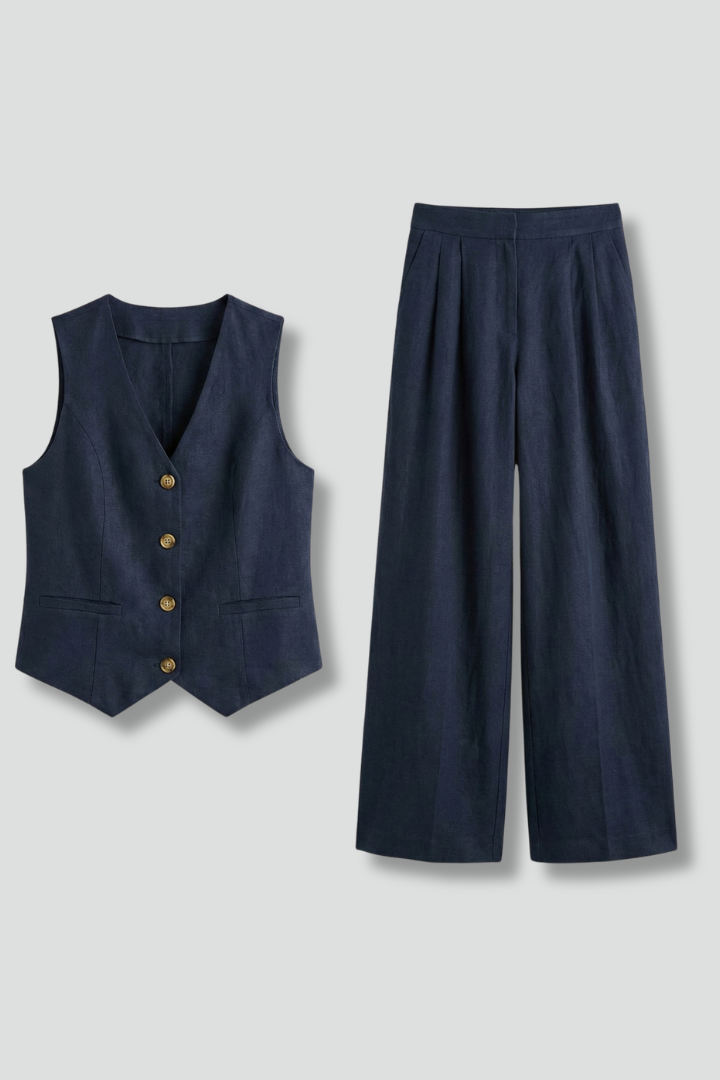 Sleeveless V-Neck Waistcoat and Wide Leg Trousers Two-Piece Set for Women
