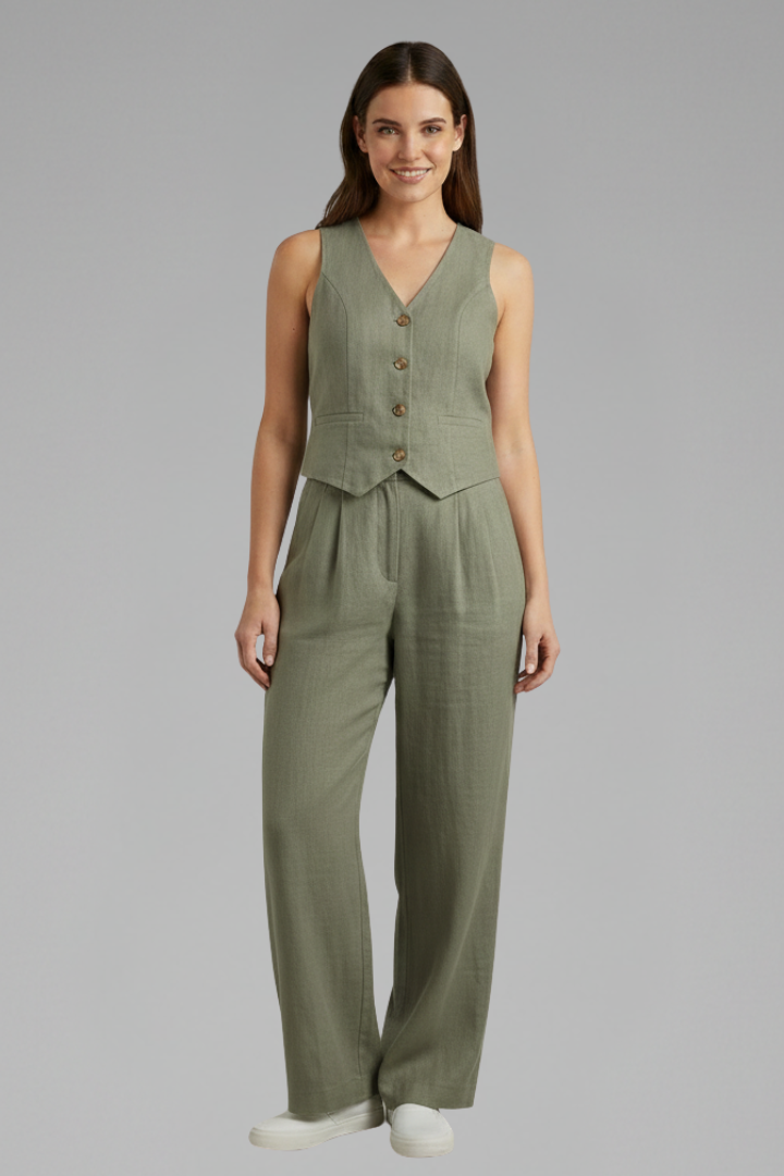V-Neck Sleeveless Waistcoat and Wide-Leg Trousers Women's Two-Piece Set