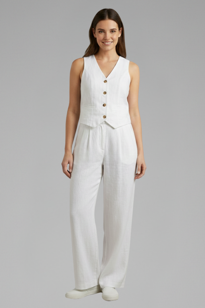 Sleeveless V-Neck Waistcoat and Wide Leg Trousers Two-Piece Set for Women