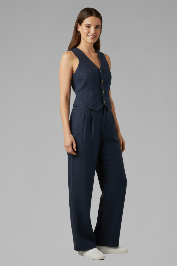 V-Neck Sleeveless Waistcoat and Wide-Leg Trousers Women's Two-Piece Set