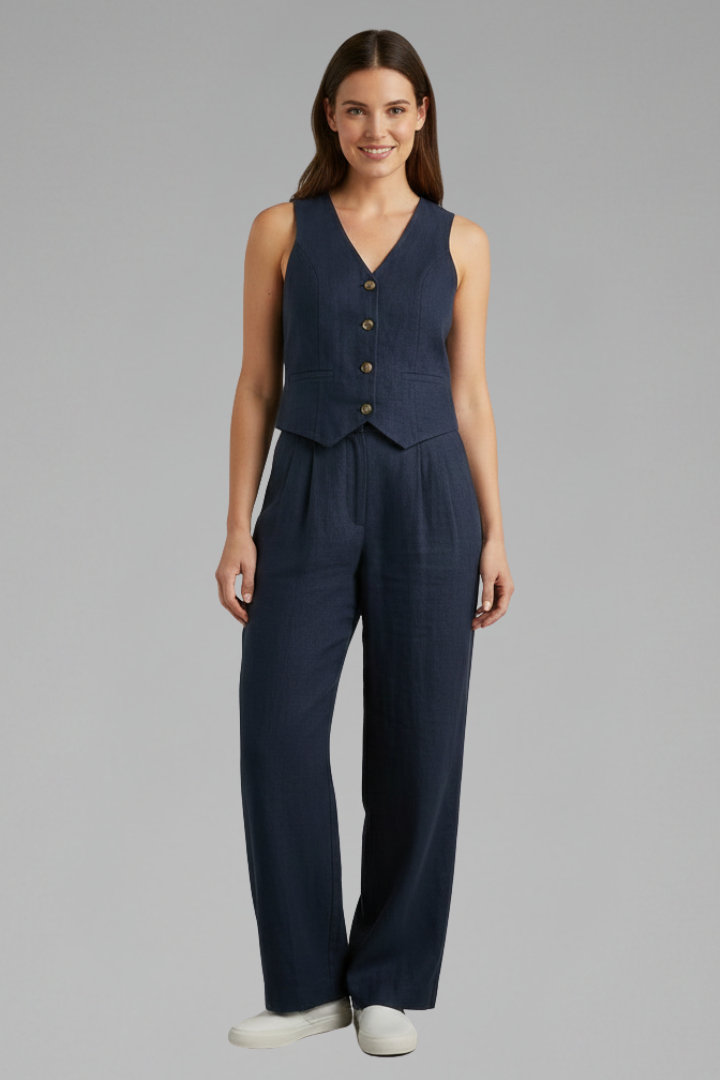V-Neck Sleeveless Waistcoat and Wide-Leg Trousers Women's Two-Piece Set