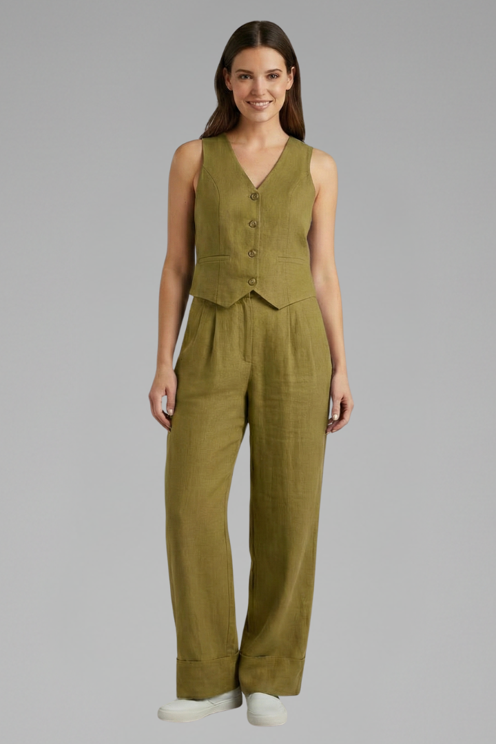 V-Neck Sleeveless Waistcoat and Wide-Leg Trousers Women's Two-Piece Set