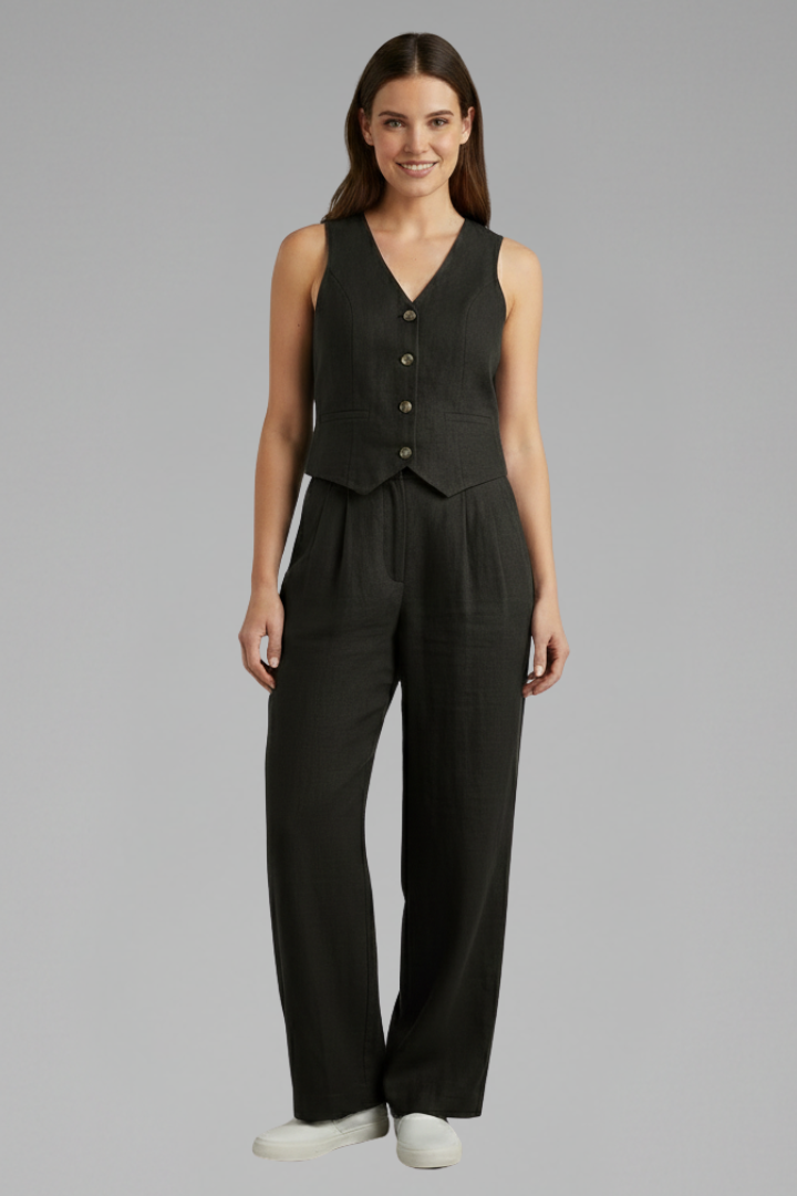 Sleeveless V-Neck Waistcoat and Wide Leg Trousers Two-Piece Set for Women