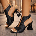 Women’s Woven Upper Heeled Sandals with Sculptural Geometric Heel