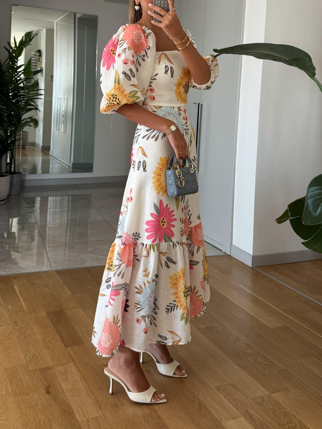 Women's Floral Print Square Neck Midi Dress with Puff Sleeves
