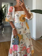 Women's Floral Print Square Neck Midi Dress with Puff Sleeves