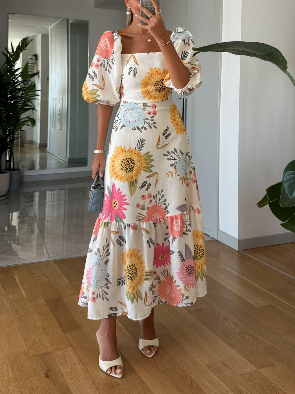 Women's Floral Print Square Neck Midi Dress with Puff Sleeves