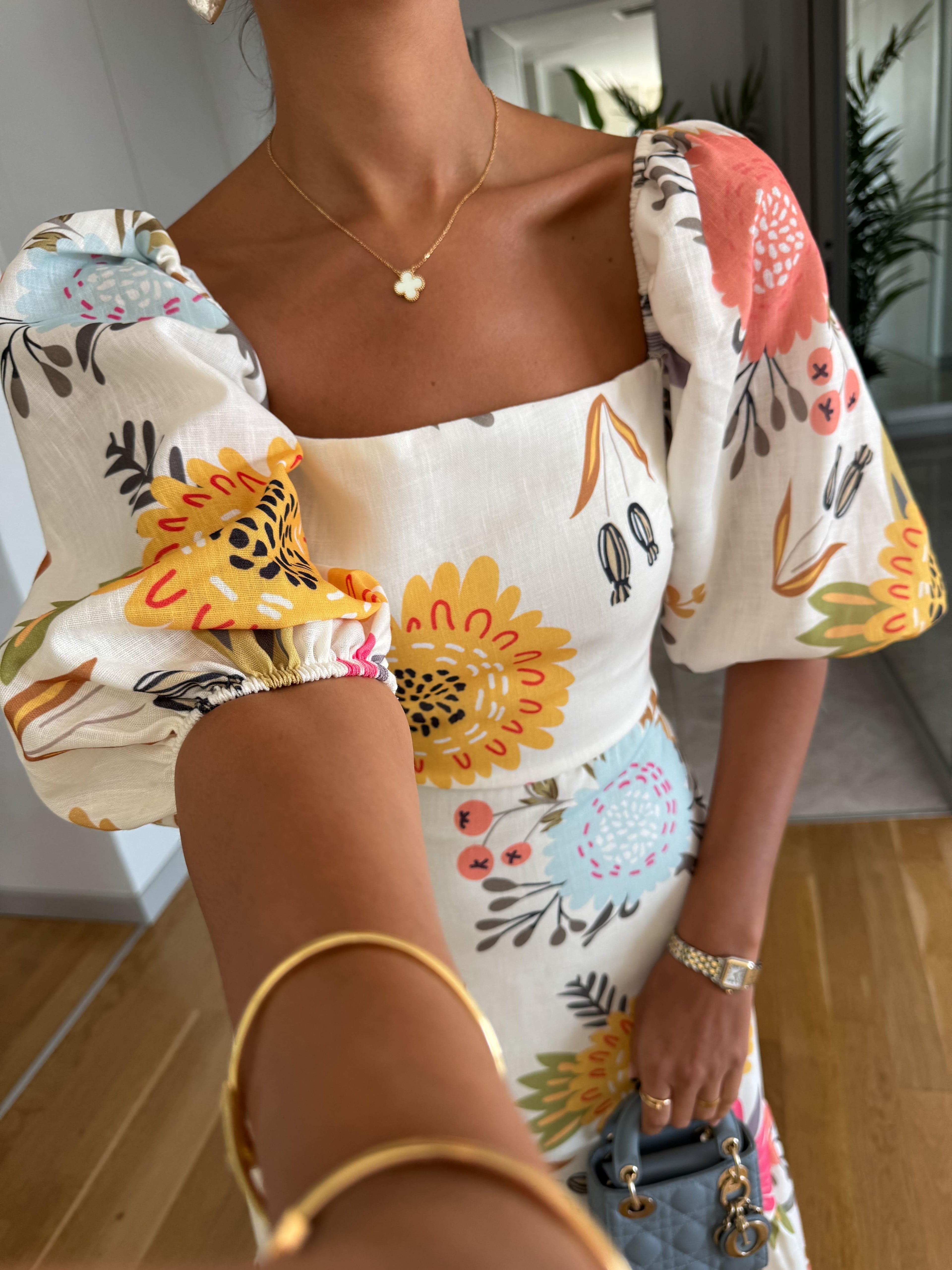 Women's Floral Print Square Neck Midi Dress with Puff Sleeves