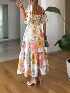 Women's Floral Print Square Neck Midi Dress with Puff Sleeves