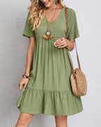 Women’s Mini Babydoll Dress with Deep V-Neck and Ruffled Hemline