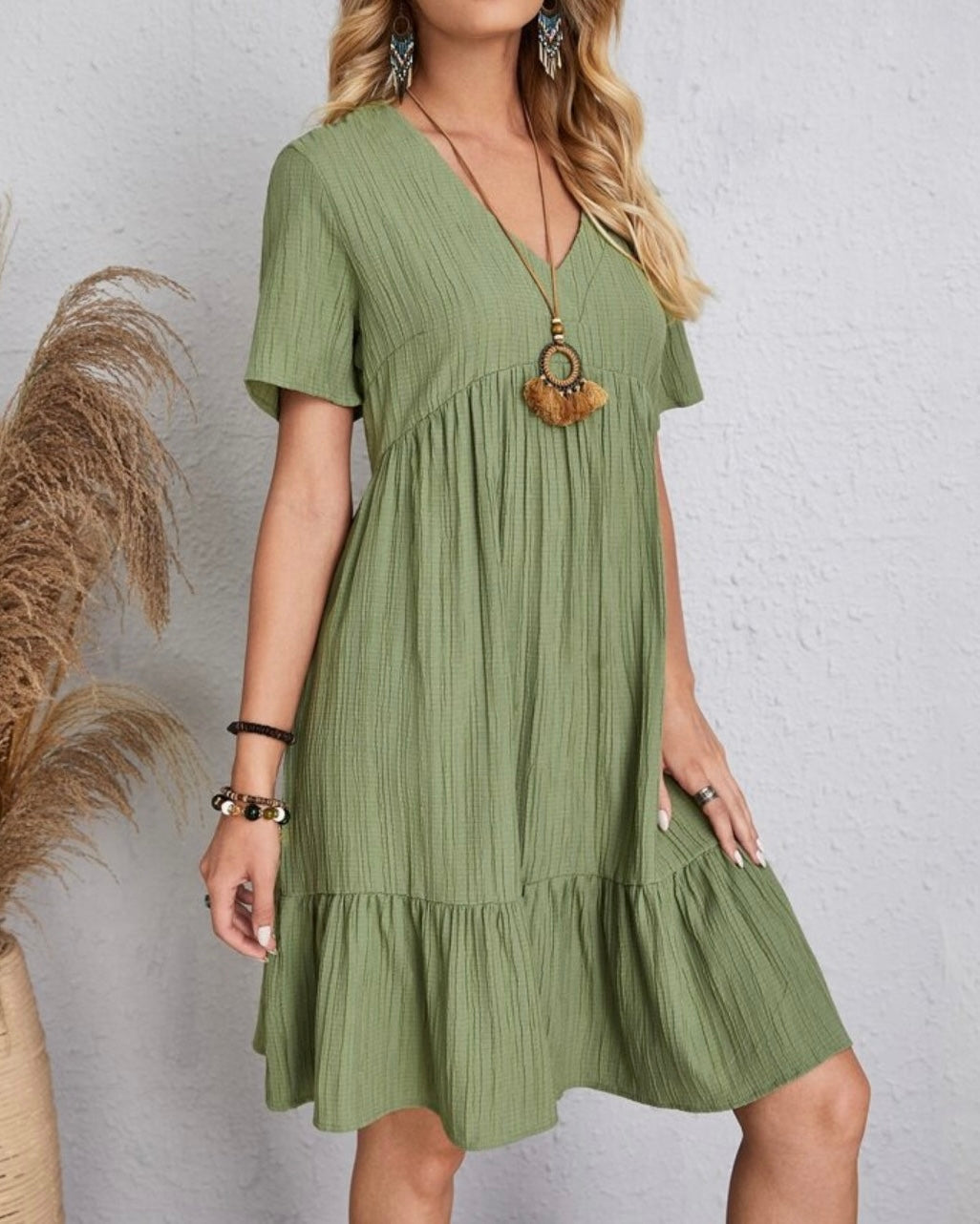 Women’s Mini Babydoll Dress with Deep V-Neck and Ruffled Hemline