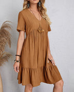 Women’s Mini Babydoll Dress with Deep V-Neck and Ruffled Hemline
