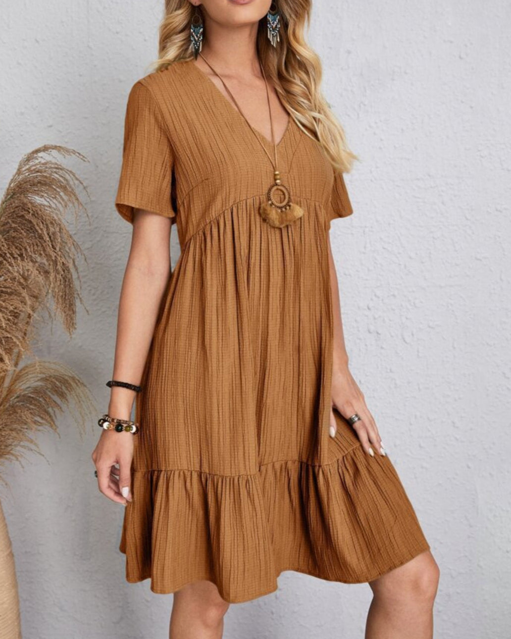 Women’s Mini Babydoll Dress with Deep V-Neck and Ruffled Hemline