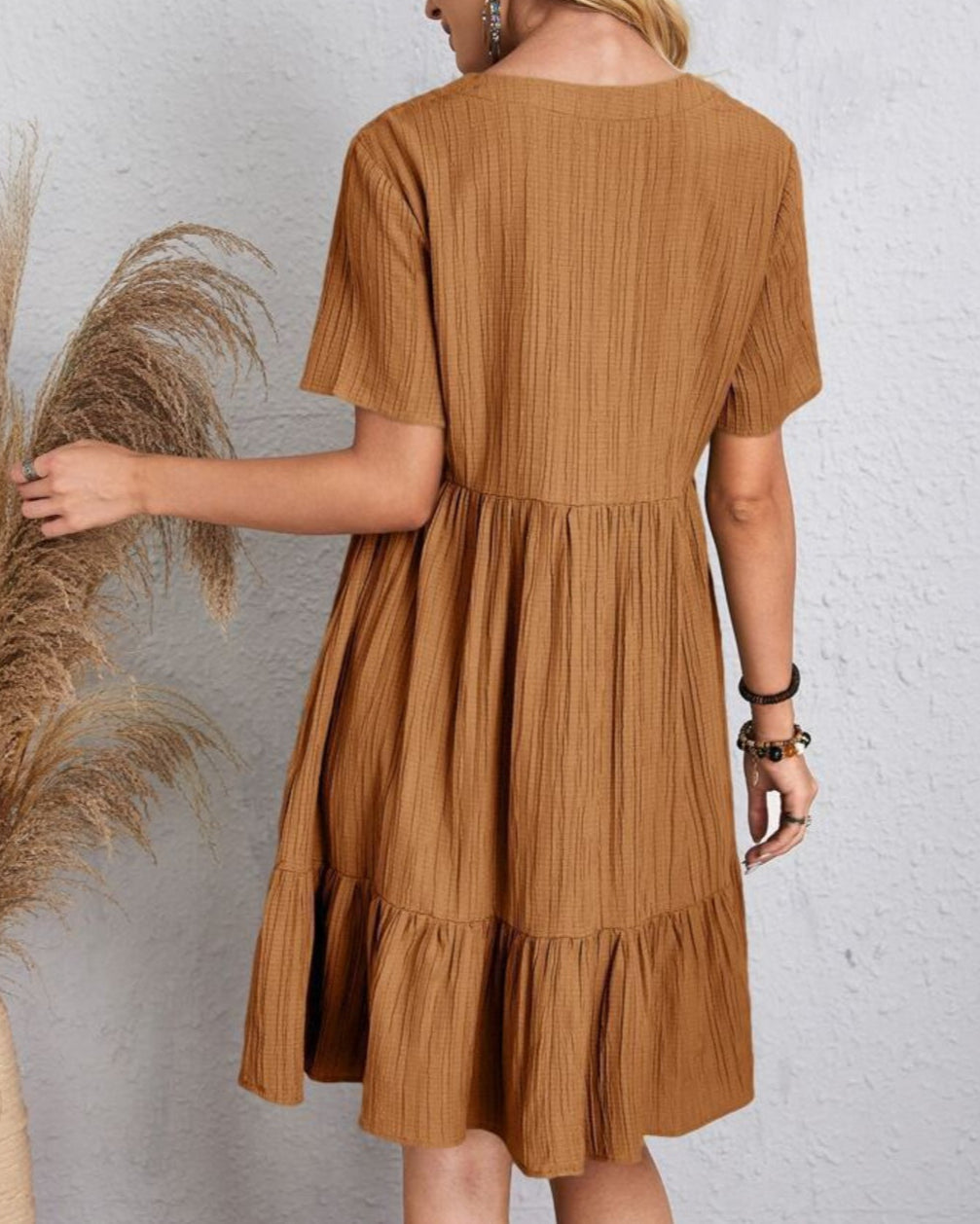 Women’s Mini Babydoll Dress with Deep V-Neck and Ruffled Hemline
