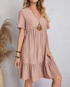 Women’s Mini Babydoll Dress with Deep V-Neck and Ruffled Hemline