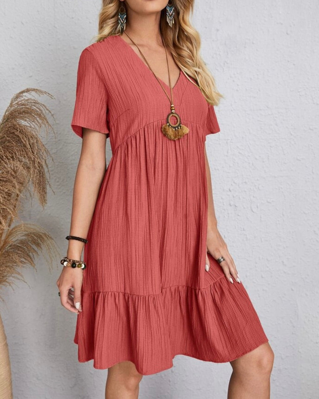 Women’s Mini Babydoll Dress with Deep V-Neck and Ruffled Hemline
